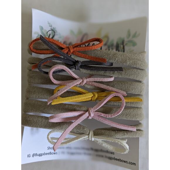 Suede Leather Bow Headband Baby White Blush Gray Pink Marigold Orange Handmade - Picture 3 of 3
